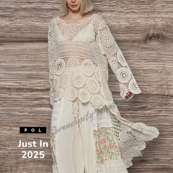 POL Tops - POL Romantic Gypsy Hi Low Floor Length 100% Cotton Crochet Sheer Fly Away Top